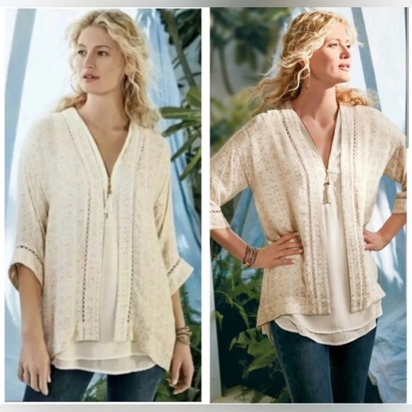 Soft Surroundings Sweaters - Soft Surroundings Loose Weave Ivory Gold Sequin Cardigan Boho Relaxed Top Sz XS